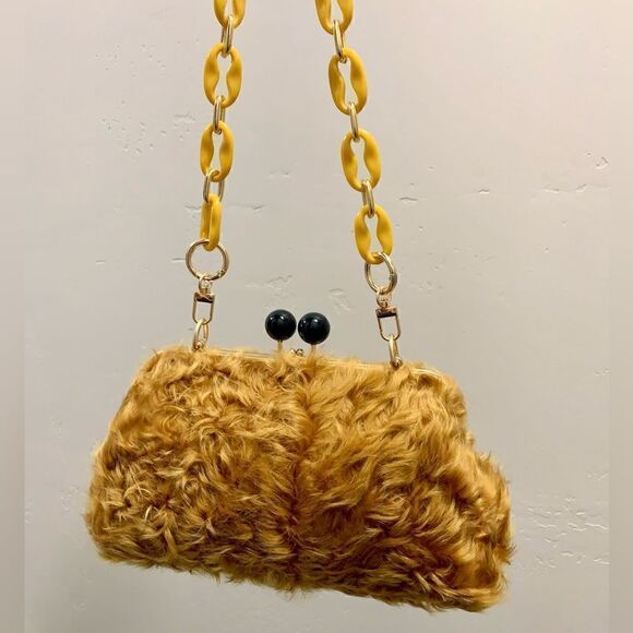 Handmade Real Curly Shearling Kisslock Clutch/Shoulder Bag/Crossbody & 2 Chains - Picture 9 of 14